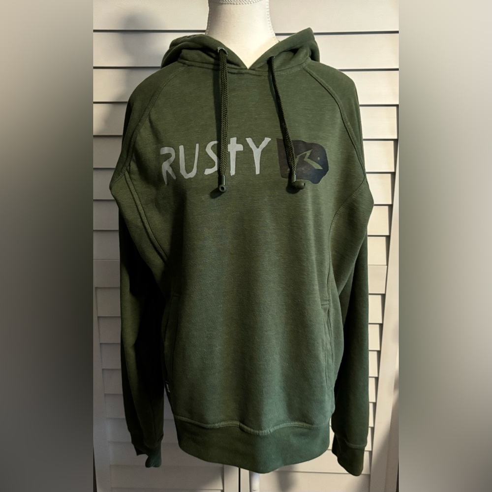 Rusty Vintage Hoodie Sweatshirt L 90s Y2K Surf Grunge Skate Green Faded Earplugs